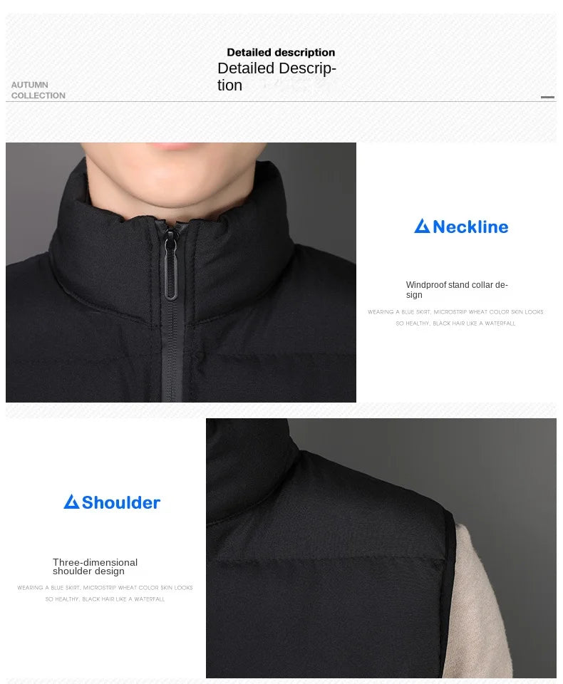 Autumn Winter Warm Vest Standing Collar Windproof Simple Solid Color Thin High Trend All Quality Fabric Comfortable Breathable
