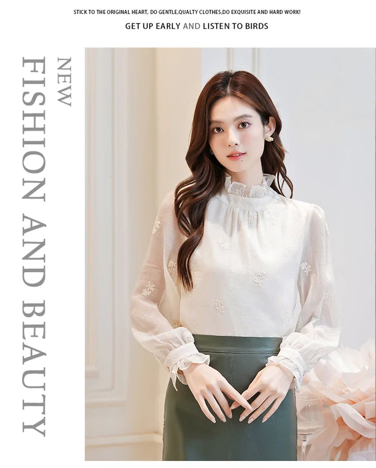 Women Blouse Shirt New Long Sleeve Ruffled Collar Elegant Embroidery Blouse Shirt Women Tops Blouses Shirts Blusas Camisas Q770