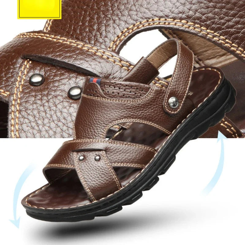 Men's Leather Summer Sandals 2025 Non-slip Thick-soled Comfort Soft Outdoor Beach Slippers