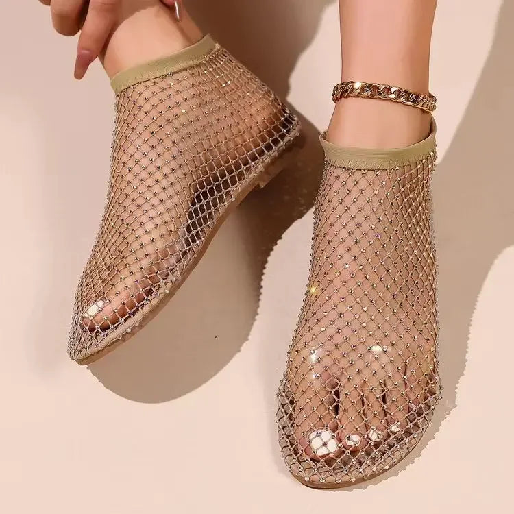 New Women's Flat Shoes Summer Women Sandals Hollowout Elastic Fishnet Socks Slippers Water Diamond Sexy Flat Shoes Zapatos Mujer