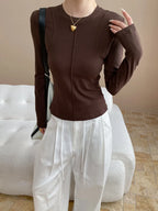 Women's casual stitching slim fit shoulder slimming base long sleeved T-shirt
