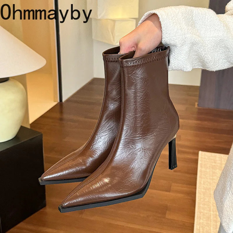 High Heel Women Ankle Boots Fashion Pointed Toe Autumn Winter Ladies Elegant Mordern Short Booties