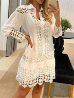 Women Lace Stitching Sexy Hollow Out And Transparent Dress Not Lined Elegant Office Spring Casual Long Sleeve White Shirt Dress