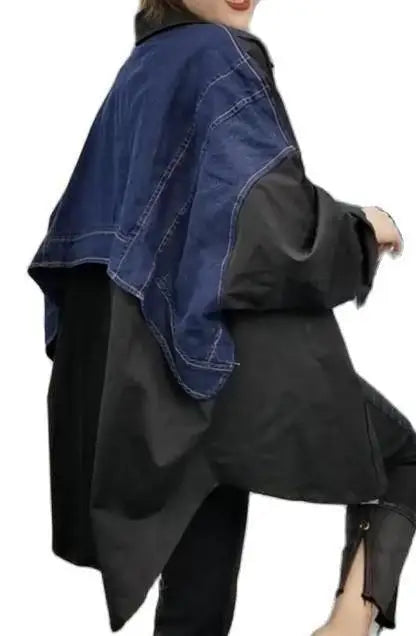 Tannt Women Blouse Denim Patchwork Stitched Ladies Shirt Long Sleeve Loose Leisure Irregular Shirts Fake Two Female Tops 2025