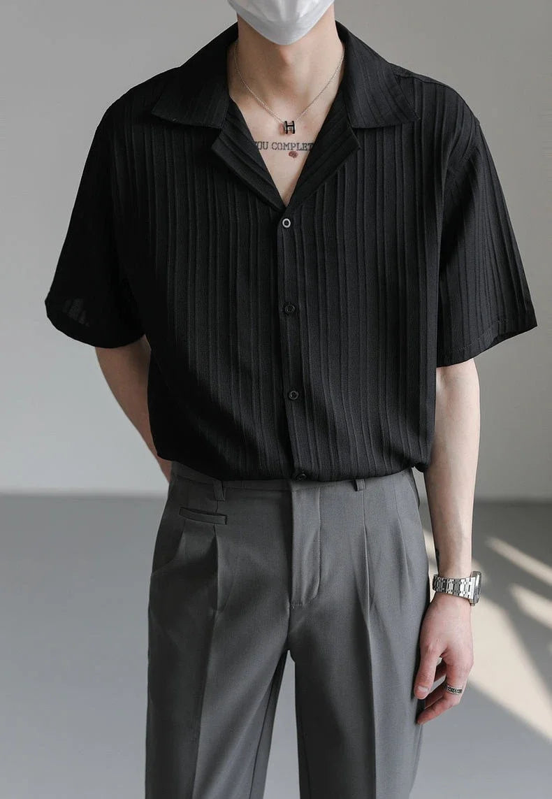 Men's Shirt Black Loose Short Sleeve Male Shirts Designer with Collar High Quality Luxury Sleeves Silk New in Vintage Slim Fit