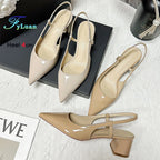 2025 New Medium Heel Woman 4cm Sandals Shallow Mouth Glossy Closed Toe Sandals One Word Buckle Temperament Summer Outdoor Shoes