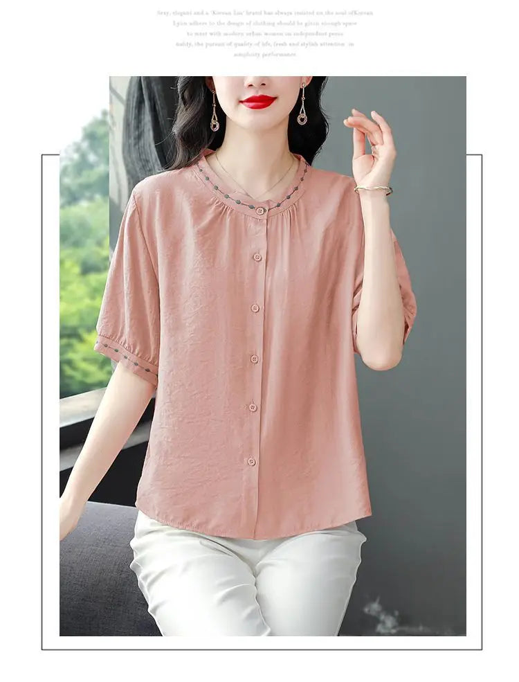 Embroidered Blouse Women Short Sleeve Summer Loose Slimming Top