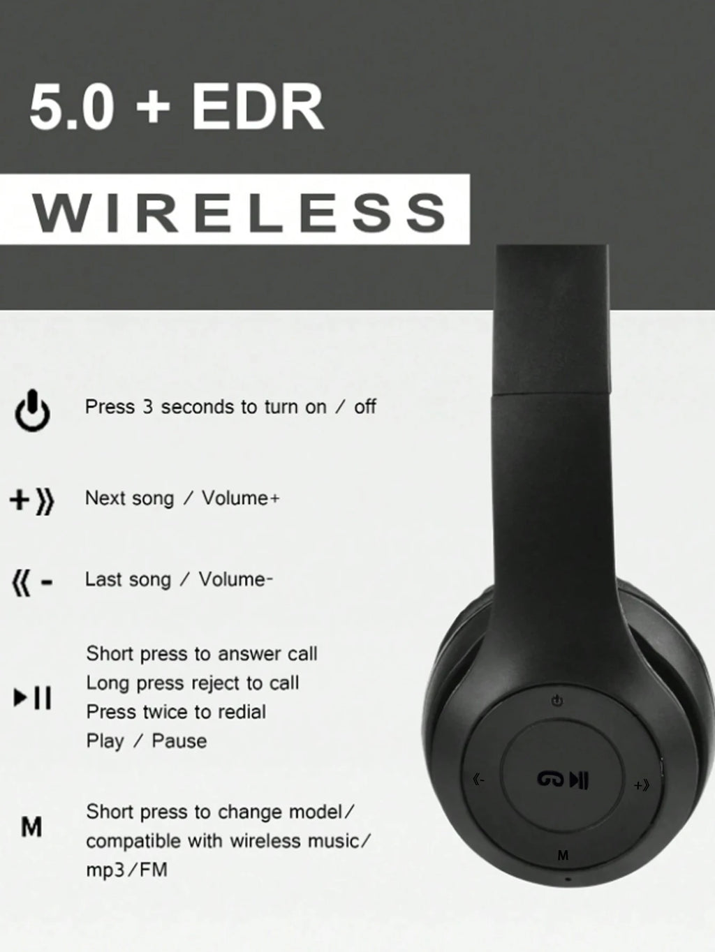 Foldable wireless Bluetooth headphones, over-ear heavy bass headphones