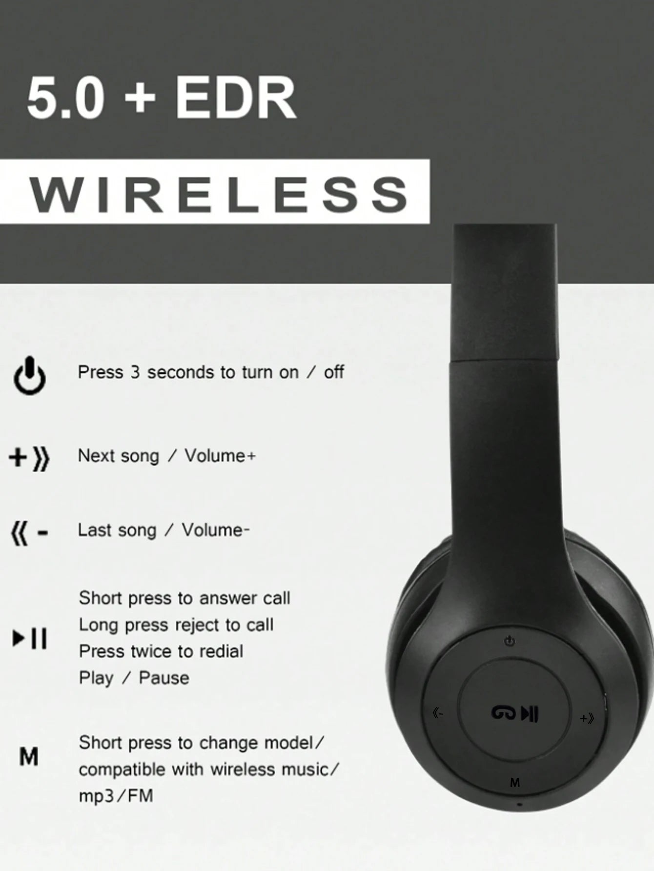 Foldable wireless Bluetooth headphones, over-ear heavy bass headphones