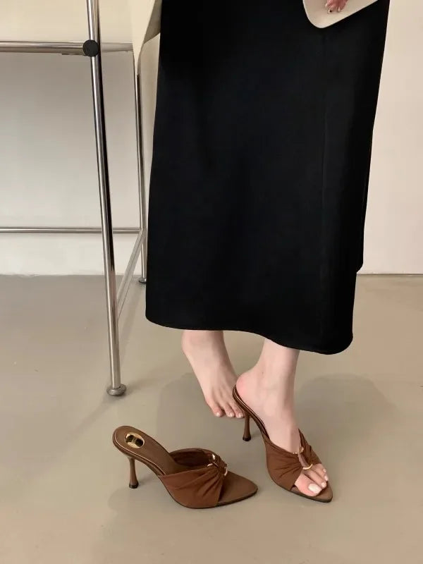 Women's High Heels Slippers Pointed Toe Metal Decoration Thin Heels Shoes Women Dress Fashion Korean Style Zapatillas De Mujer