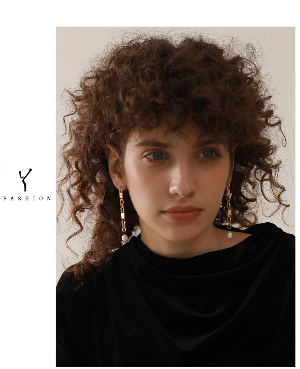 Yhpup Long Hanging Stainless Steel Chain Natural Pearl Drop Earrings Dangle Fashion Party Geometric Charm Temperament Jewelry