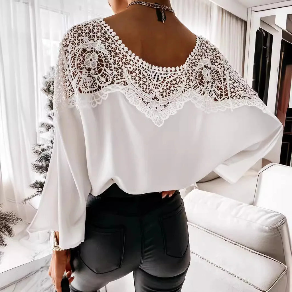 Women's Blouses T-shirt Long Sleeve Lace Stitching White Office Loose Elegant Black Shirt for Women