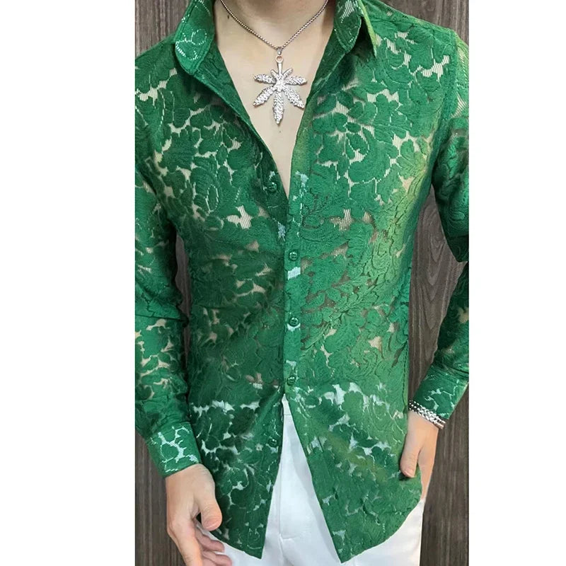Men's Slim Fit Shirt Spring Transparent Long Sleeved Shirt Men Nightclub Sexy Casual Social Party Shirt