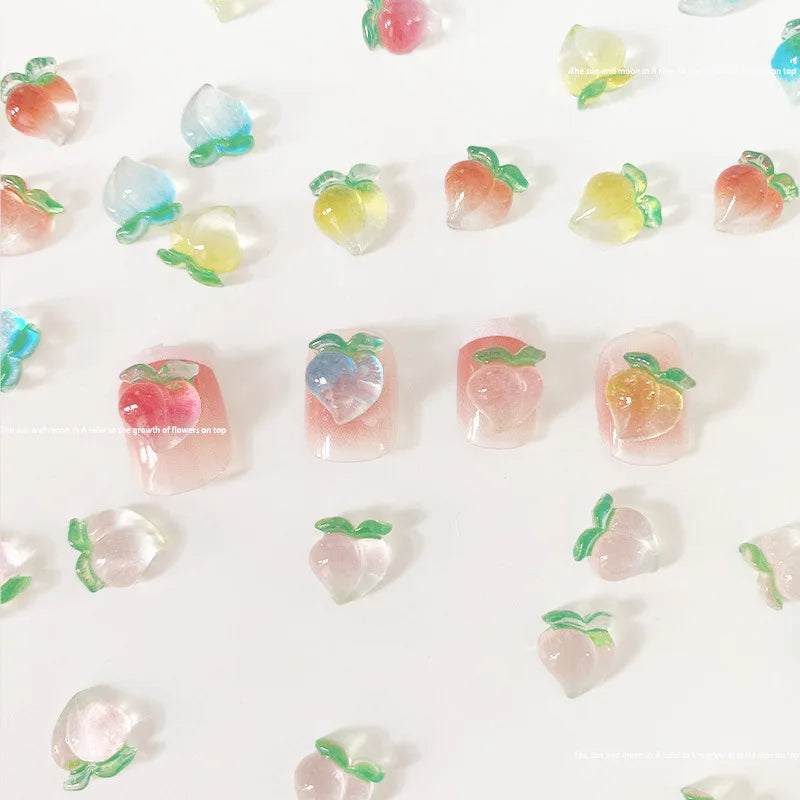 10pcs Kawaii Clear Peach Apple Nail Art Charms Resin Ice Transparent Fruit Rhinestones Nail Decorations DIY Jewelry Accessories