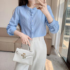 Woman's Embroidery Cotton Long-Sleeved Shirt New Stand Collar Stitching Ruffled Shirts Female Temperament Age-Reducing Thin Top