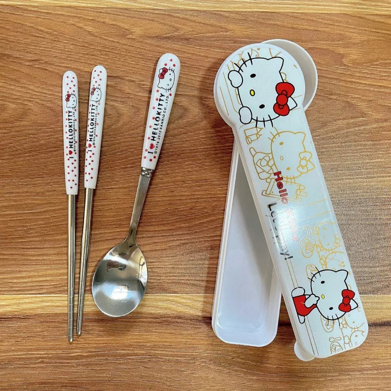 Anime Sanrio Hello Kitty Kitchen Tableware Stainless Steel Chopsticks Spoon Fork Office Portable Dinnerware Set Birthday Gifts