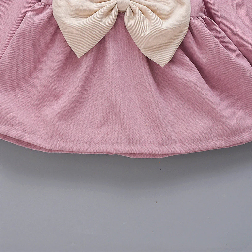 Winter Baby Girl Fleece Dress Bow Soft Standing Neck Solid Color Thickened And Warm Retro Baby Dress