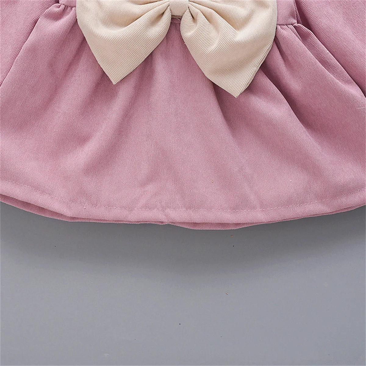 Winter Baby Girl Fleece Dress Bow Soft Standing Neck Solid Color Thickened And Warm Retro Baby Dress