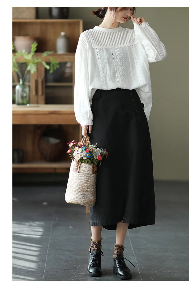 Women's elegant blouses 100% cotton embroidery hollow out white black shirts ladies office wear women long sleeve tops