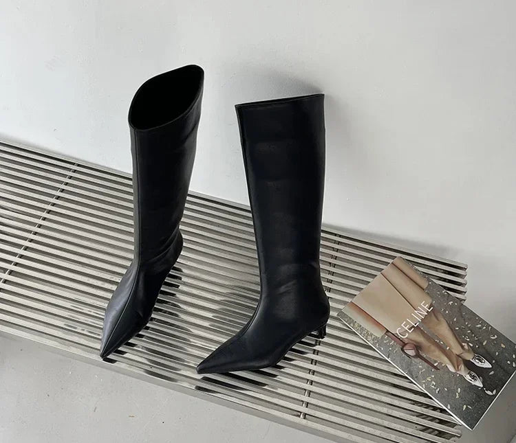 Pointed Toe Women High Boots Leather Fashion Sexy Heels Shoes Woman Trend New Snow Boots Low Heels Elegant Goth Mujer Botas