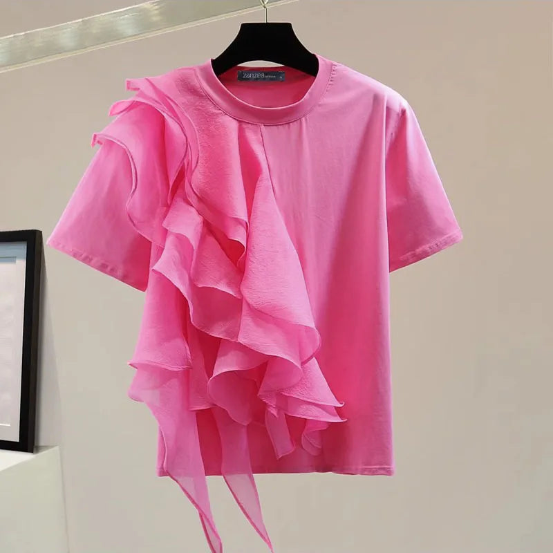 ZANZEA Women Ruffled Stitching Blouse Fashion Holiday O-neck Tops 2024 Summer Short Sleeve Tunics Casual Loose Solid Blusa Femme