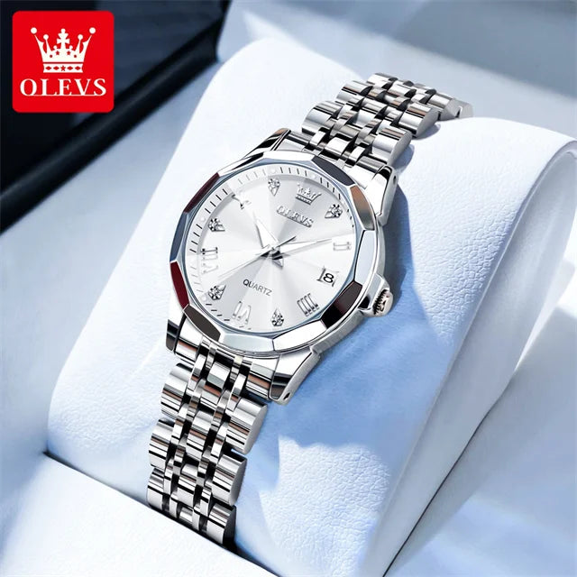 OLEVS 9931 Top Original Couple Watch Stainless Steel Rhombus Mirror Design Luxury Quartz Watch for Men Women Lover's Wristwatch