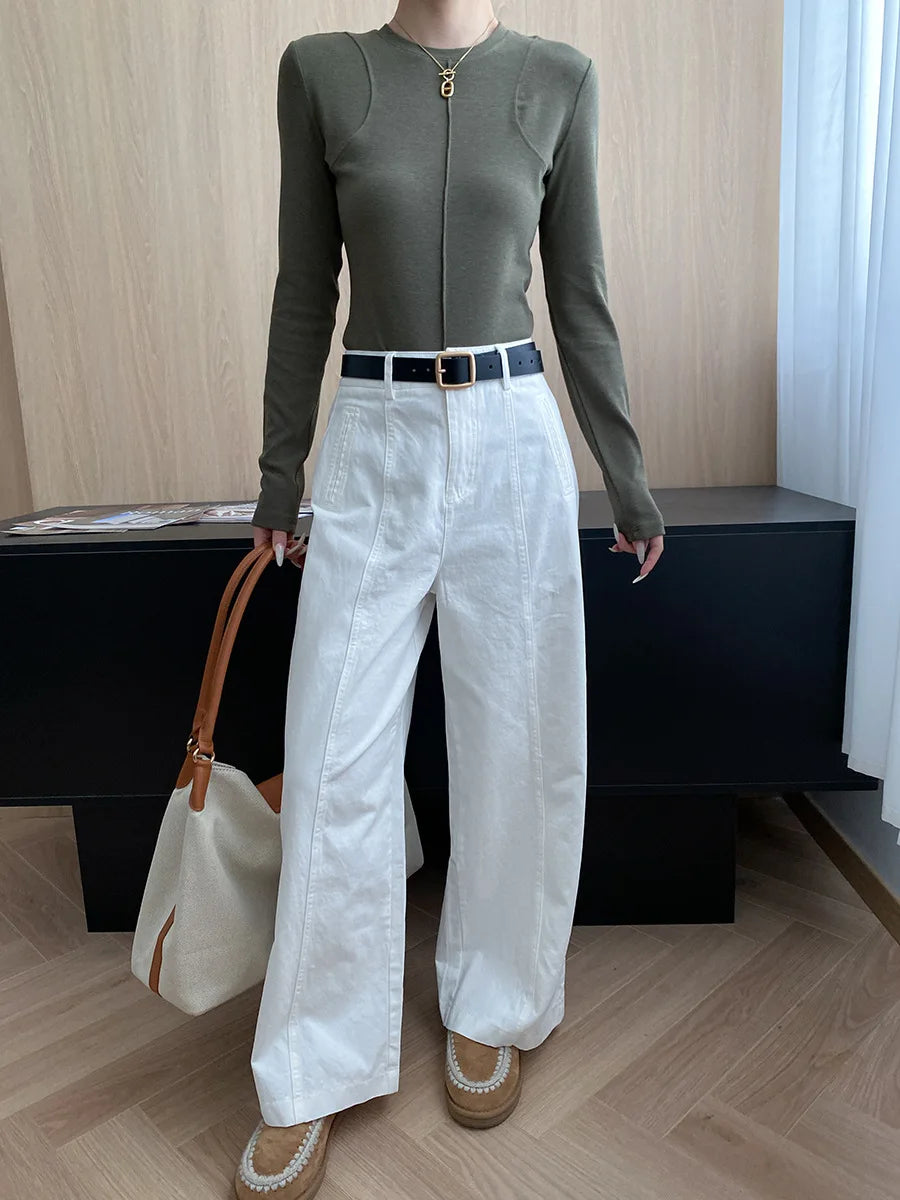 Women's casual stitching slim fit shoulder slimming base long sleeved T-shirt