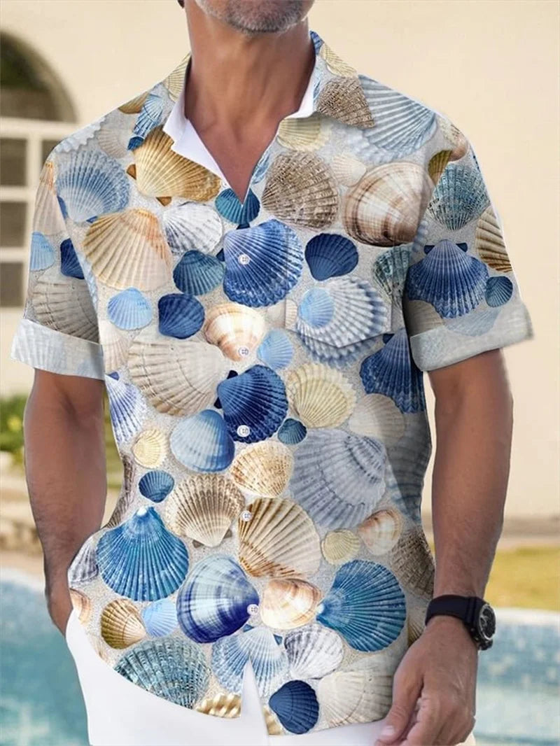 Men's shirt, marine animal printed clothing, beach vacation Hawaiian shirt, casual collar, fashionable short sleeved top, 2025