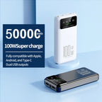 2025 NEW Power Bank 50000mAh High Capacity 100W Fast Charging Portable Charger External Battery Pack Powerbank for IPhone Huawei