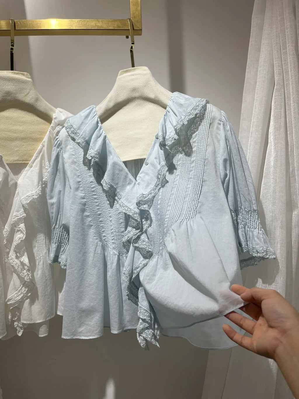 Lace Stitching Women's Pleated Blouse Summer Ruffles Edge V-Neck Puff Sleeve Casual Female Shirt