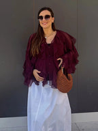 HH Women Ruffles Tierred Thin Blouses Solid Elegant Woman V Neck Long Sleeve Shirt 2025 Fashion High Street Lady Chic Tops