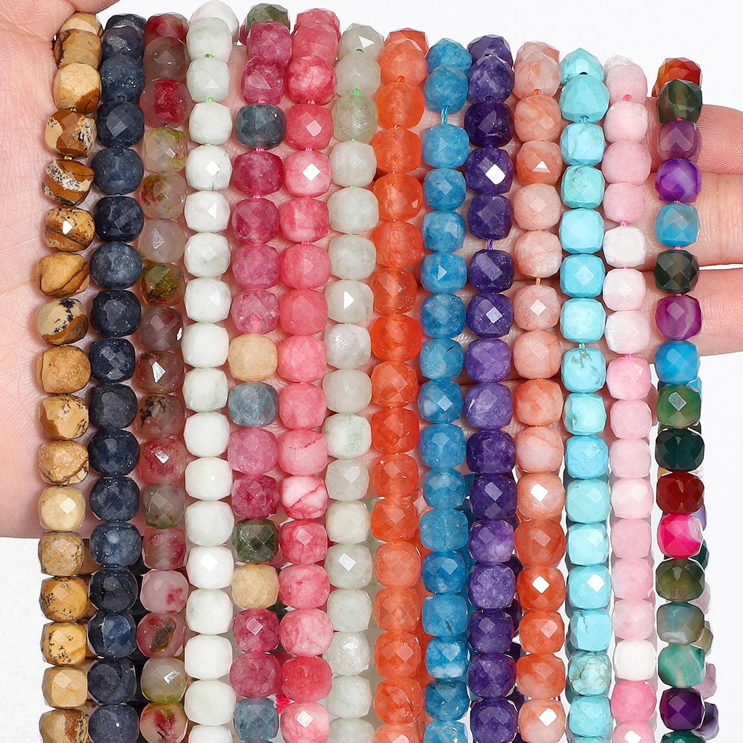 7-8mm Faceted Cube Beads Tourmaline Picture Jasper Agate Turquoise Amethyst Stone Beads for Jewelry Making Diy Accessories