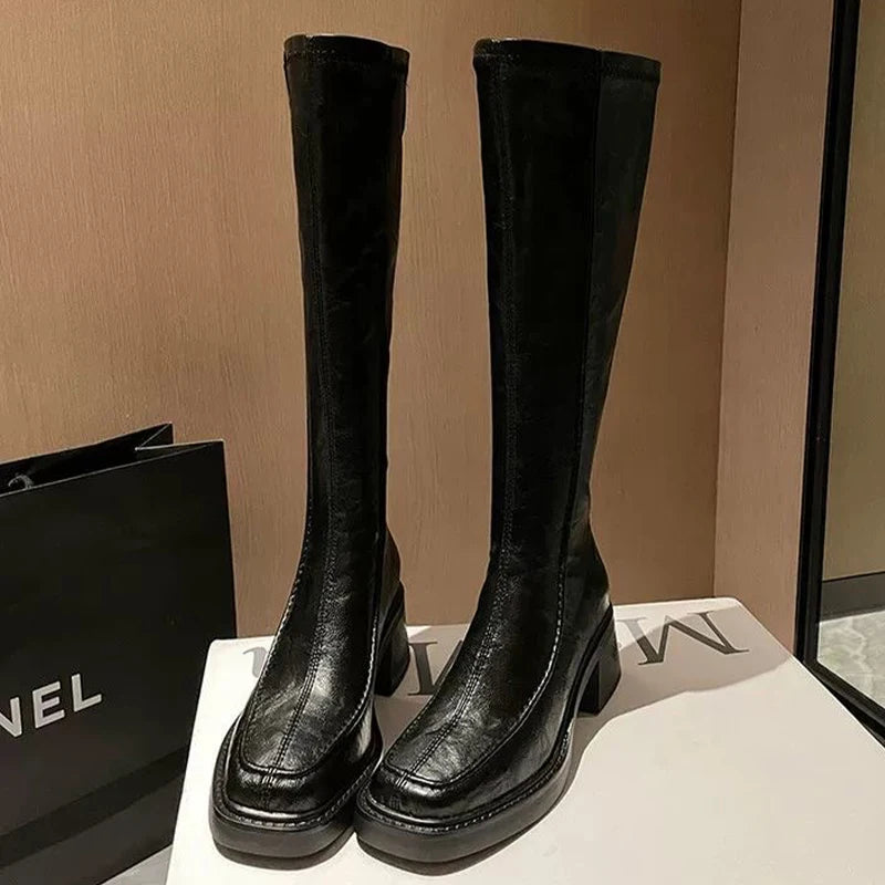 Women's High Boots High Heels Fashion Dress Shoes Chunky Luxury Woman Winter Boots 2025 Designer Knee High Chelsea Botas Mujer