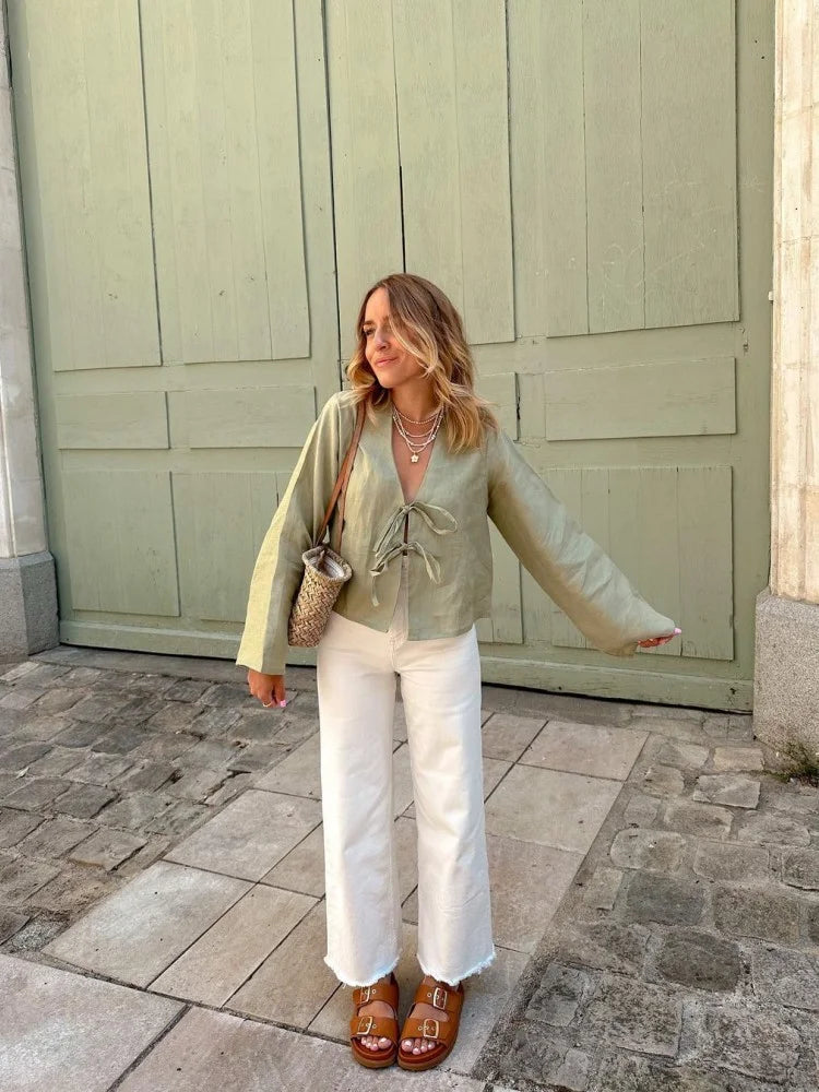 Casual Solid Lace Up Women Blouse Deep V-neck Long Sleeve Loose Female Shirt 2025 Spring Summer New Fashion Sweet Ladies Blouses