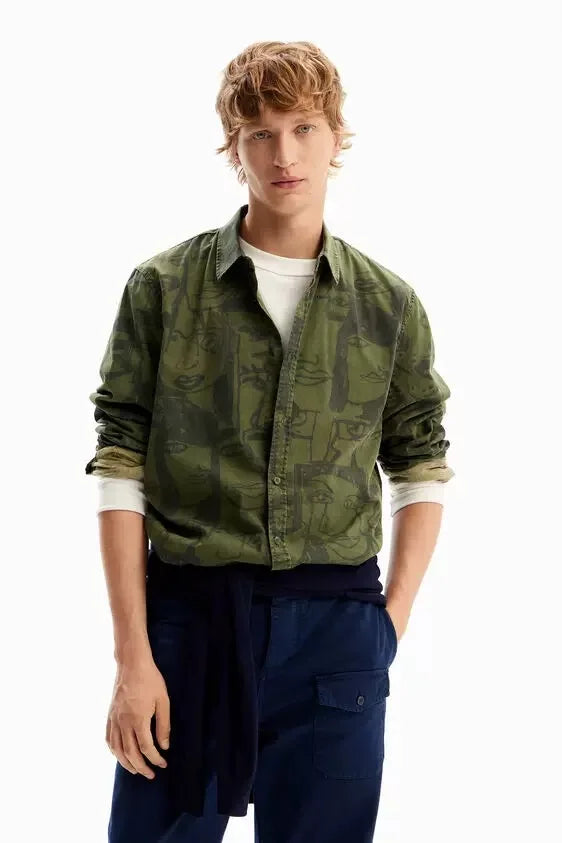 Original Spanish men's shirt with printed embroidery, designer style, light luxury, casual and loose fitting shirt