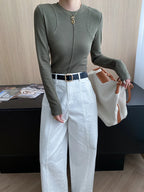 Women's casual stitching slim fit shoulder slimming base long sleeved T-shirt