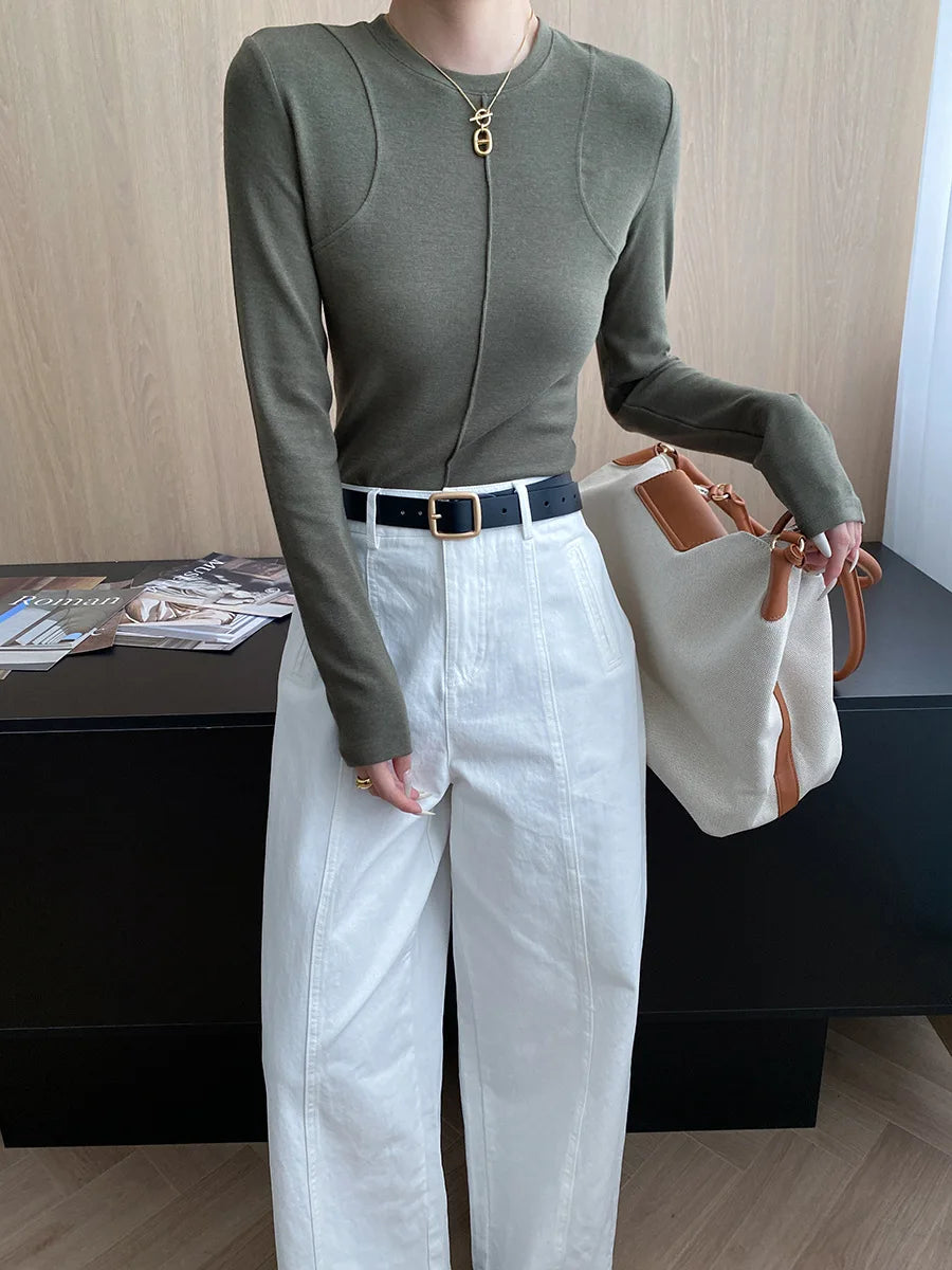 Women's casual stitching slim fit shoulder slimming base long sleeved T-shirt
