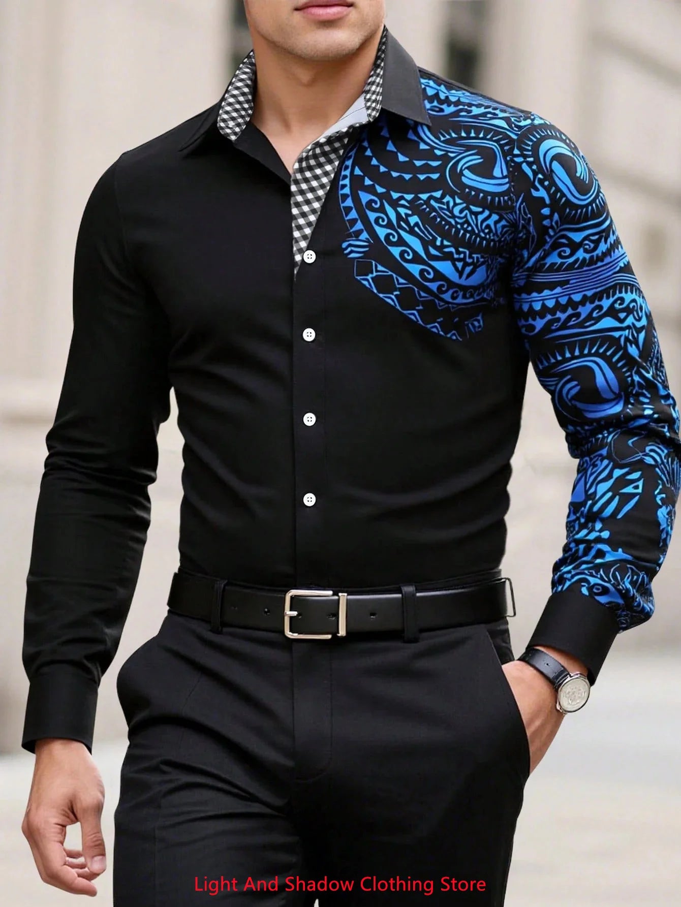 New men's fashionable business casual long sleeved shirt, classic printed collar, social party comfortable men's clothing