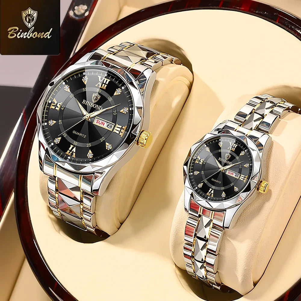 BINBOND 2pcs/Set Couple Watches 30M Waterproof Fashion Diamond Valentine Day Gift Stainless Steel Watch Men Women Quartz Watch