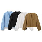 Women's Openwork Embroidered Cropped Shirt Simple V-neck Long-sleeved Single-breasted Casual Blouse Spring Summer Chic Top