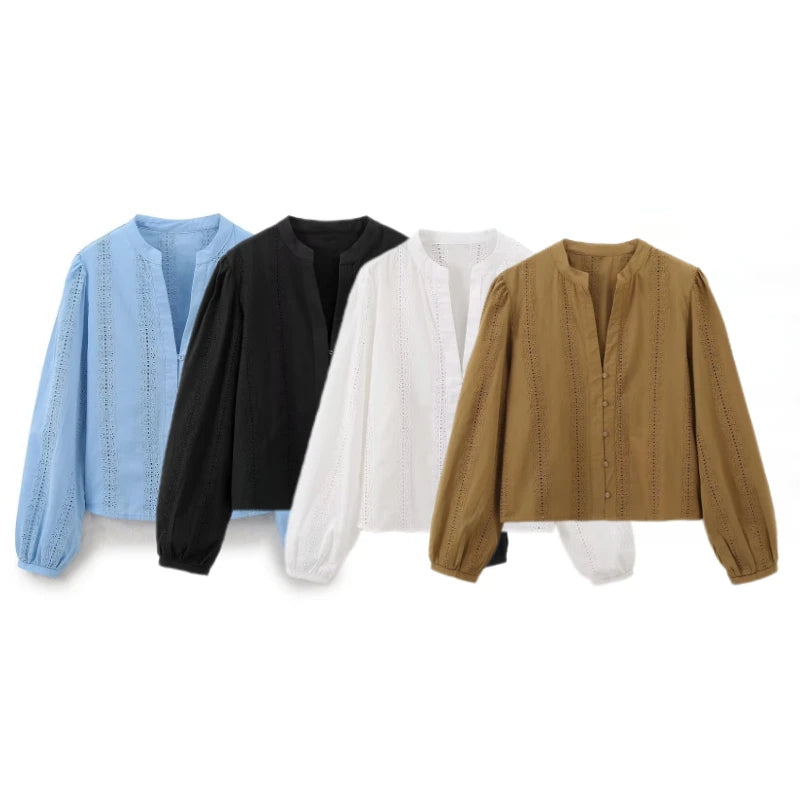 Women's Openwork Embroidered Cropped Shirt Simple V-neck Long-sleeved Single-breasted Casual Blouse Spring Summer Chic Top