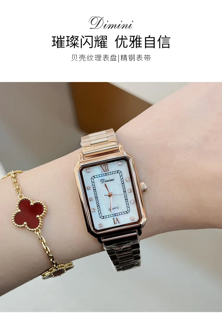Vintage watches with female personality, niche design, square diamond studded steel strip, quartz watch for women