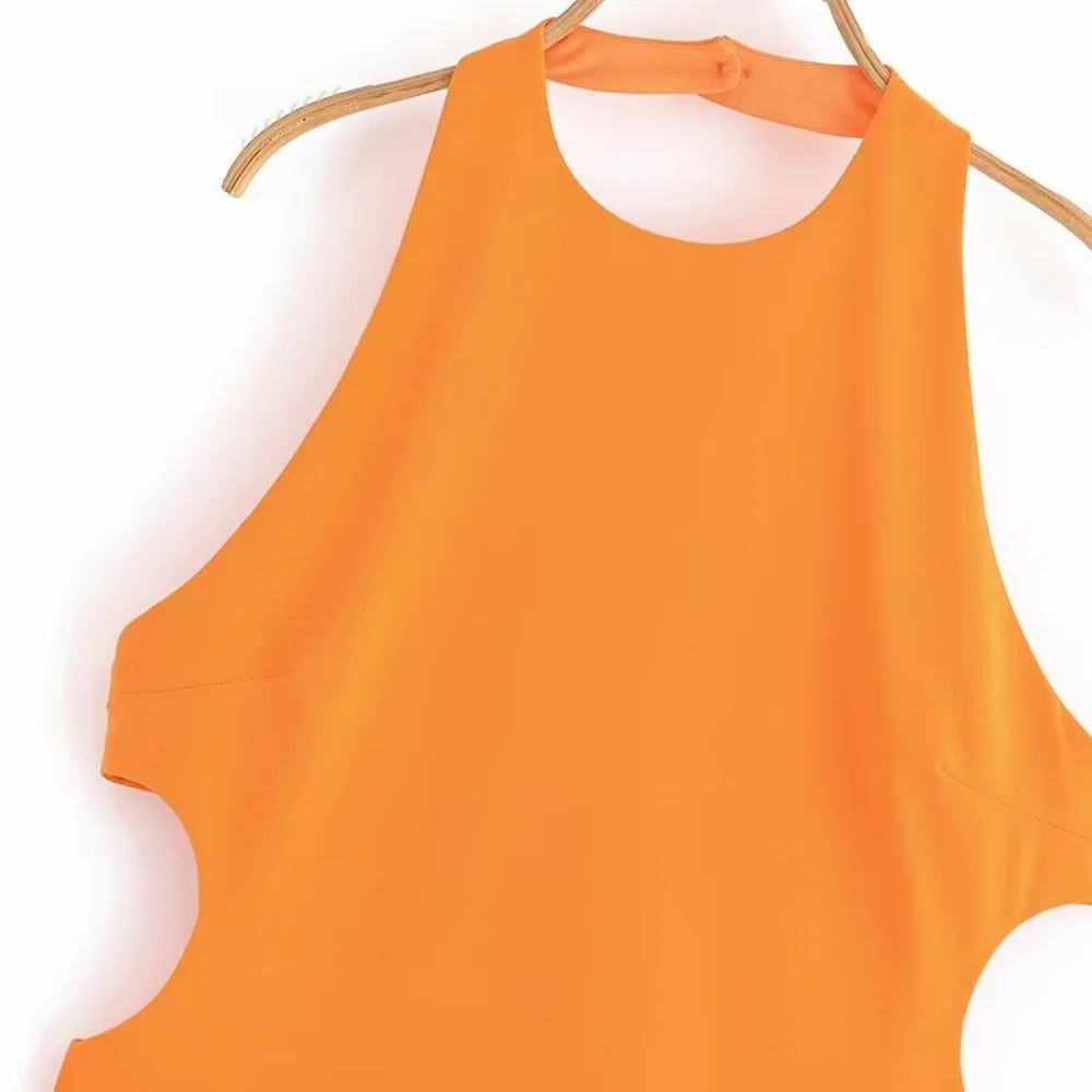 Women's Stitch Fit Short Dress Round Neck Hanging Neck Sleeveless Open Back Button Zipper Opening Spring/Summer New Fash