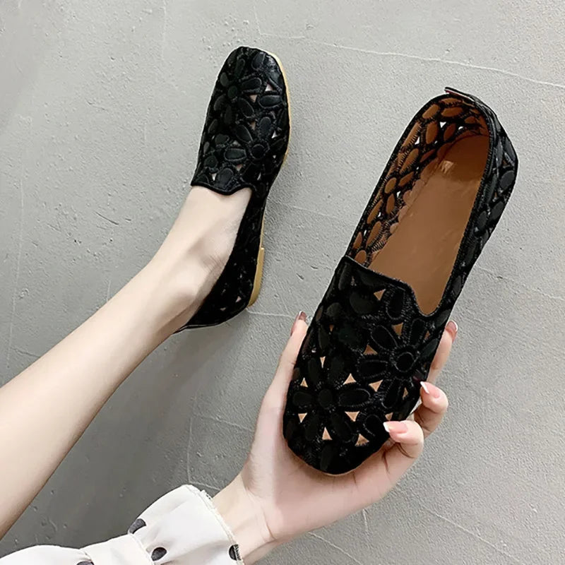 Women Flats Slip on Loafers Foldable Flats for Women Square Toe Single Shoes Hollow Out Fashion Party Casual Fashion Women Shoes