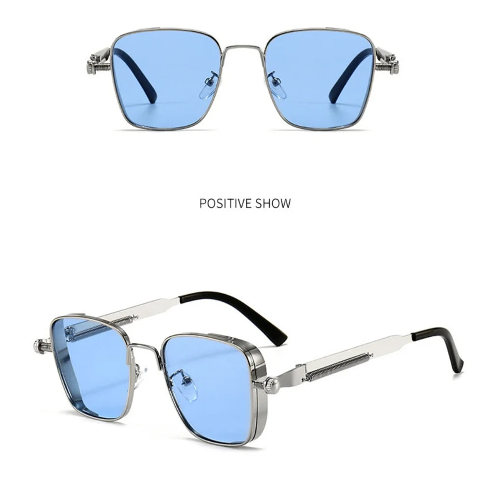Men Driving Sunglasses Vintage Steampunk Square Sunglasses Metal Frame with Spring Hinges Women Eyepiece Trendy Driver Glasses