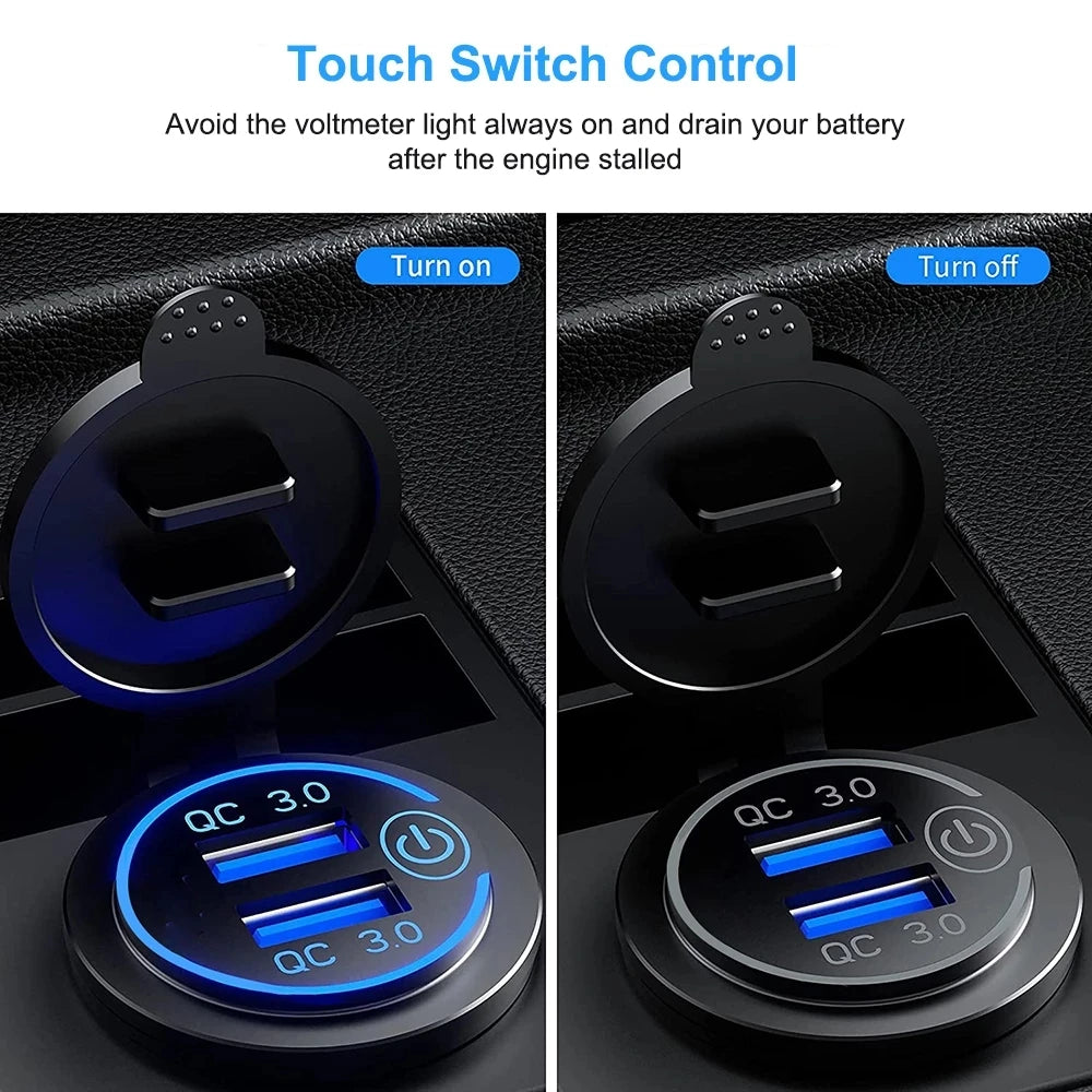 Quick Charge 3.0 Dual USB Fast Car Charger Socket Accessories Waterproof 12V/24V QC3.0 Power Outlet with Touch Switch&Led Light