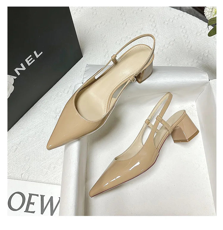 2025 New Medium Heel Woman 4cm Sandals Shallow Mouth Glossy Closed Toe Sandals One Word Buckle Temperament Summer Outdoor Shoes