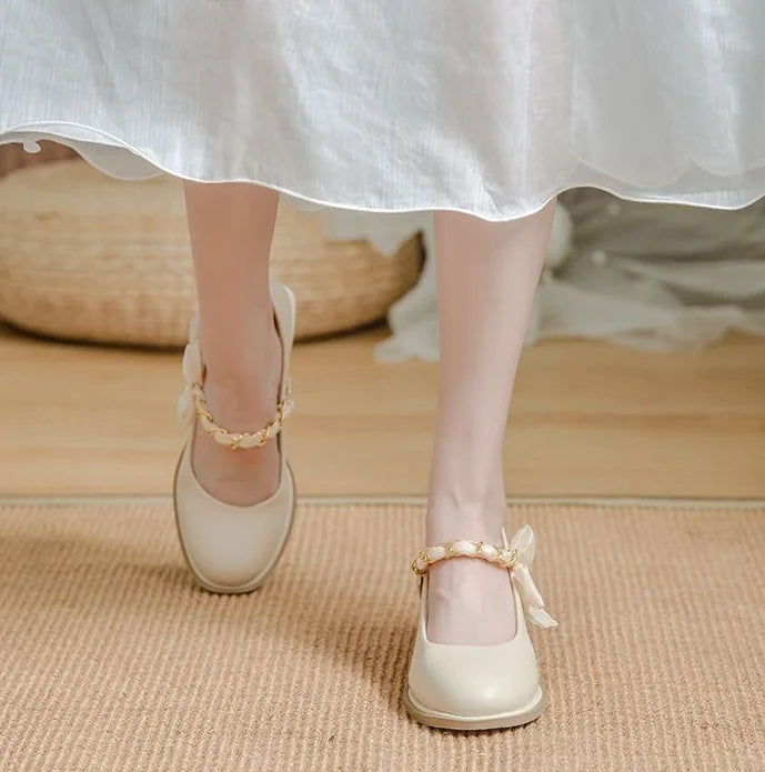 High Heels Shoes for Woman 2024 Pumps Square Toe Gothic Women's Summer Footwear Mary Jane Japanese Style Lolita with Bow White A