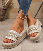 Women's Slippers  for Beach Heeled Sandals Bohemian Handmade Ladies Espadrillesm Ethnic Style Cotton Rope Platform Shoes