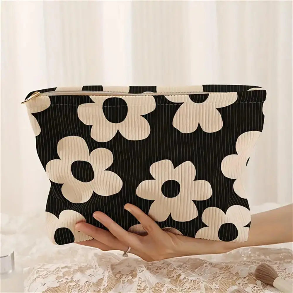 Cosmetic Bag Women Floral Makeup Case Organizer Korean Embroidery Cosmetic Pouch Travel Toiletry Bag Corduroy Canvas Beauty Case